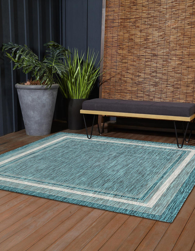 Teal 5' 3 x 5' 3 Outdoor Border Square Area Rug Weather Resistant for Patio, Deck, Terrace, Balcony, Porch 100% Polypropylene Classic Bordered Carpet for Sale at Rug Engine