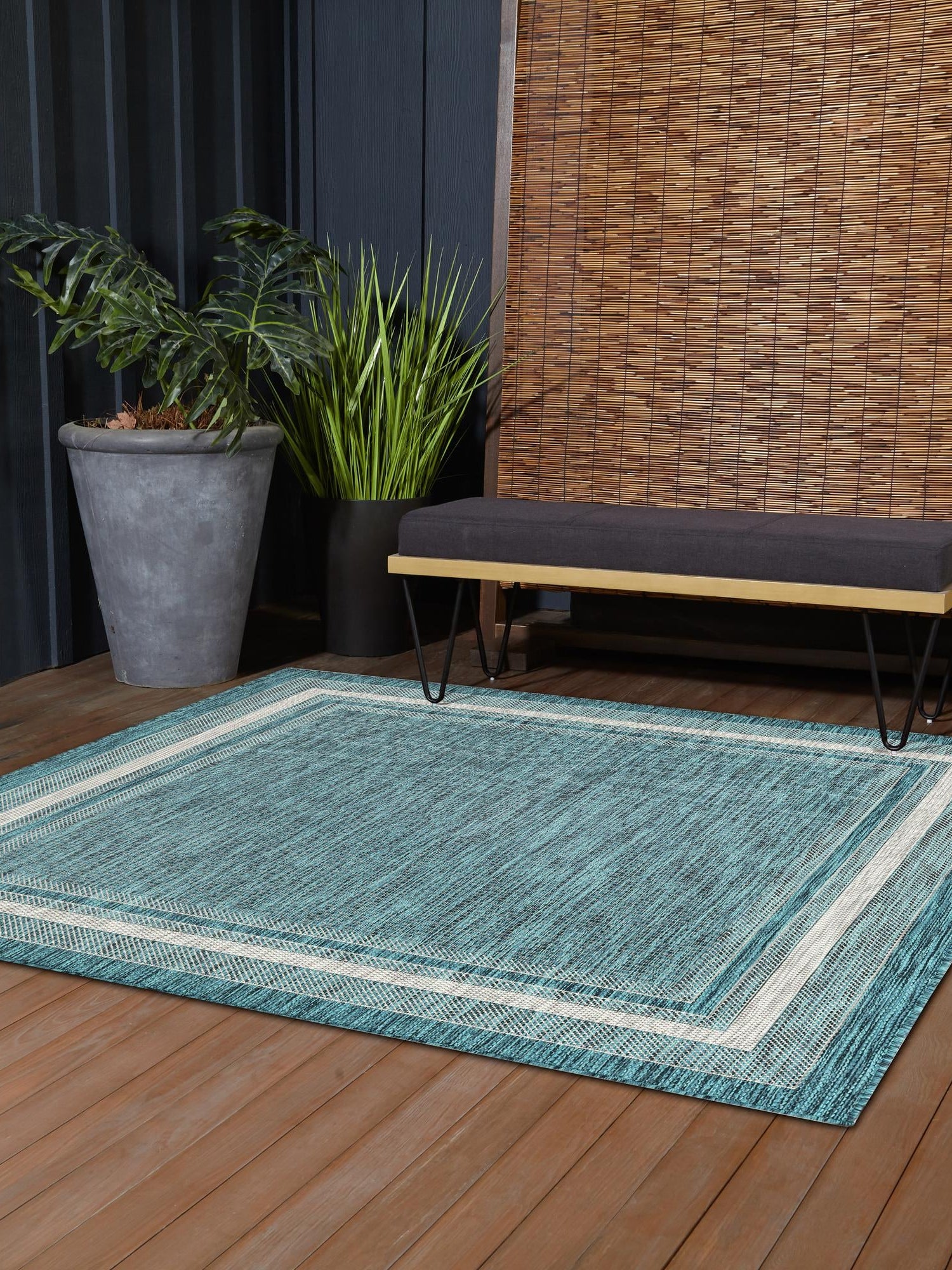 Teal 7' 10 x 7' 10 Outdoor Border Square Area Rug Weather Resistant for Patio, Deck, Terrace, Balcony, Porch 100% Polypropylene Classic Bordered Carpet for Sale at Rug Engine