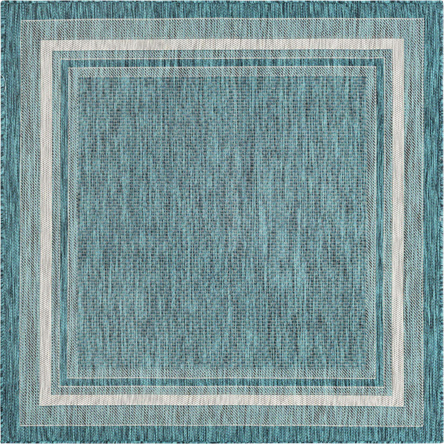 Teal 5' 3 x 5' 3 Outdoor Border Square Area Rug Weather Resistant for Patio, Deck, Terrace, Balcony, Porch 100% Polypropylene Classic Bordered Carpet for Sale at Rug Engine