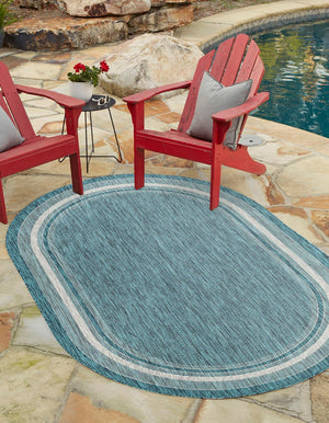 Teal 5' 3 x 8' Outdoor Border Oval Area Rug Weather Resistant for Patio, Deck, Terrace, Balcony, Porch 100% Polypropylene Classic Bordered Carpet for Sale at Rug Engine