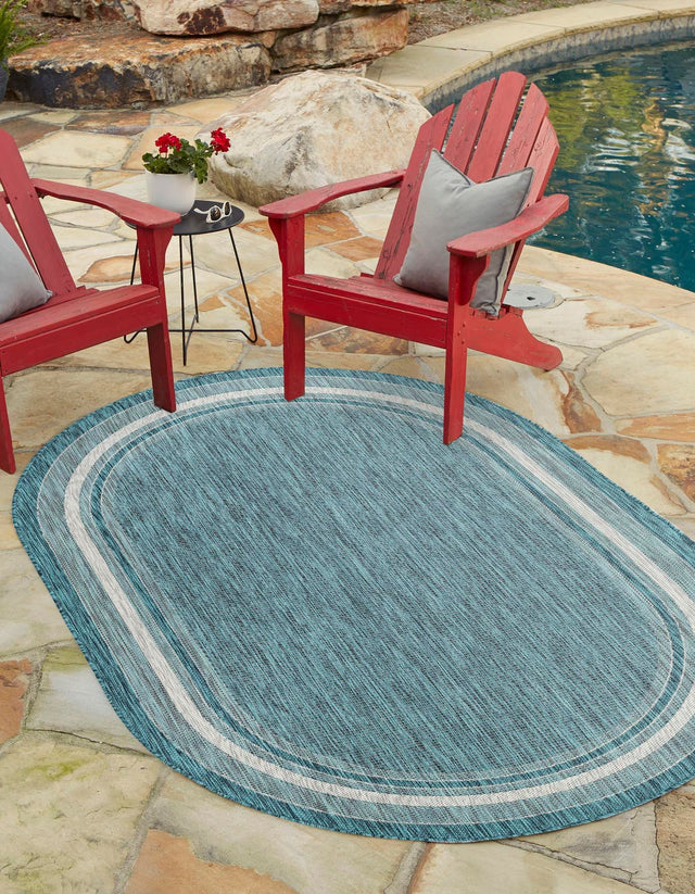 Teal 5' 3 x 8' Outdoor Border Oval Area Rug Weather Resistant for Patio, Deck, Terrace, Balcony, Porch 100% Polypropylene Classic Bordered Carpet for Sale at Rug Engine