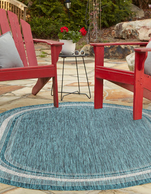 Teal 5' 3 x 8' Outdoor Border Oval Area Rug Weather Resistant for Patio, Deck, Terrace, Balcony, Porch 100% Polypropylene Classic Bordered Carpet for Sale at Rug Engine