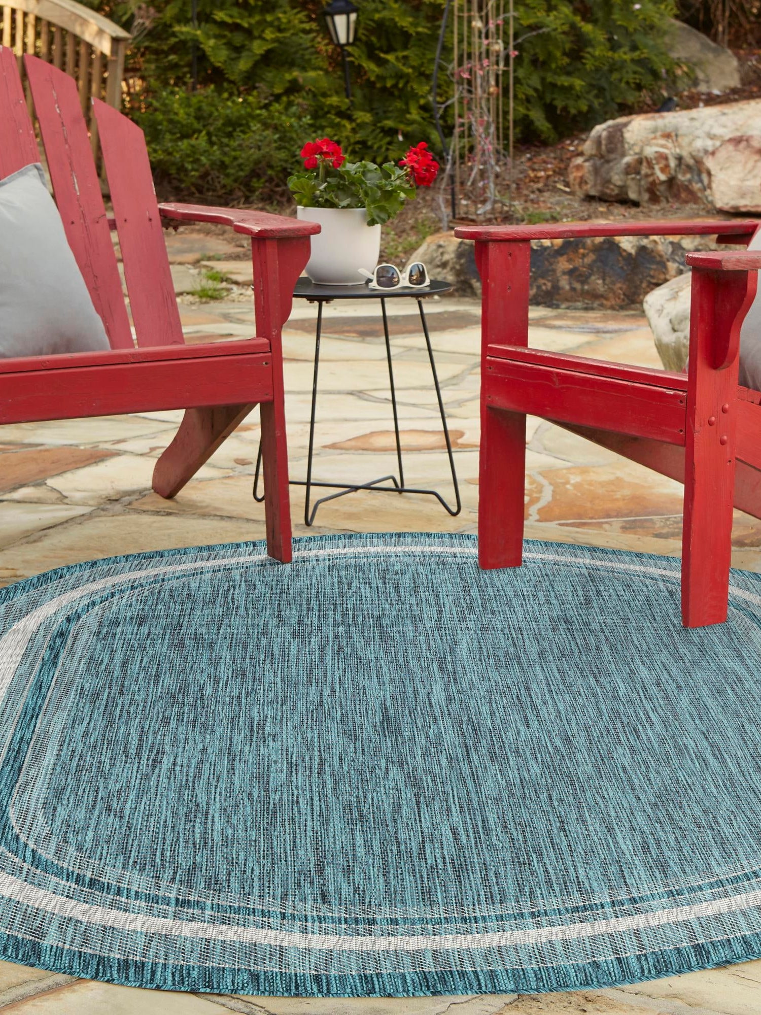 Teal 3' 1 x 5' 3 Outdoor Border Oval Area Rug Weather Resistant for Patio, Deck, Terrace, Balcony, Porch 100% Polypropylene Classic Bordered Carpet for Sale at Rug Engine
