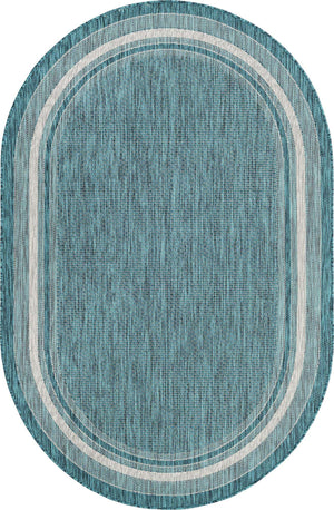 Teal 5' 3 x 8' Outdoor Border Oval Area Rug Weather Resistant for Patio, Deck, Terrace, Balcony, Porch 100% Polypropylene Classic Bordered Carpet for Sale at Rug Engine