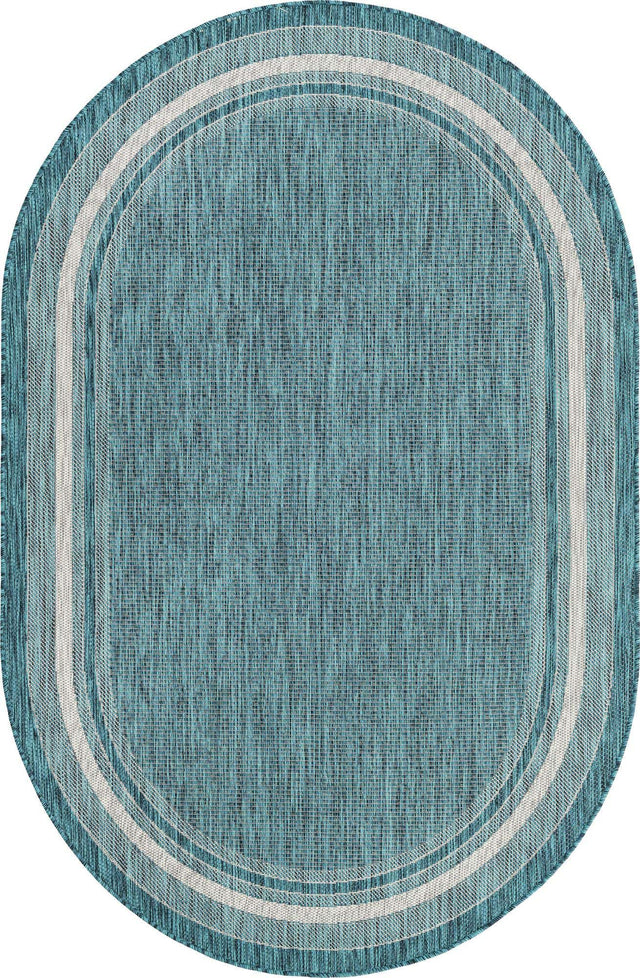 Teal 5' 3 x 8' Outdoor Border Oval Area Rug Weather Resistant for Patio, Deck, Terrace, Balcony, Porch 100% Polypropylene Classic Bordered Carpet for Sale at Rug Engine