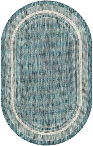 Teal 3' 1 x 5' 3 Outdoor Border Oval Area Rug Weather Resistant for Patio, Deck, Terrace, Balcony, Porch 100% Polypropylene Classic Bordered Carpet for Sale at Rug Engine