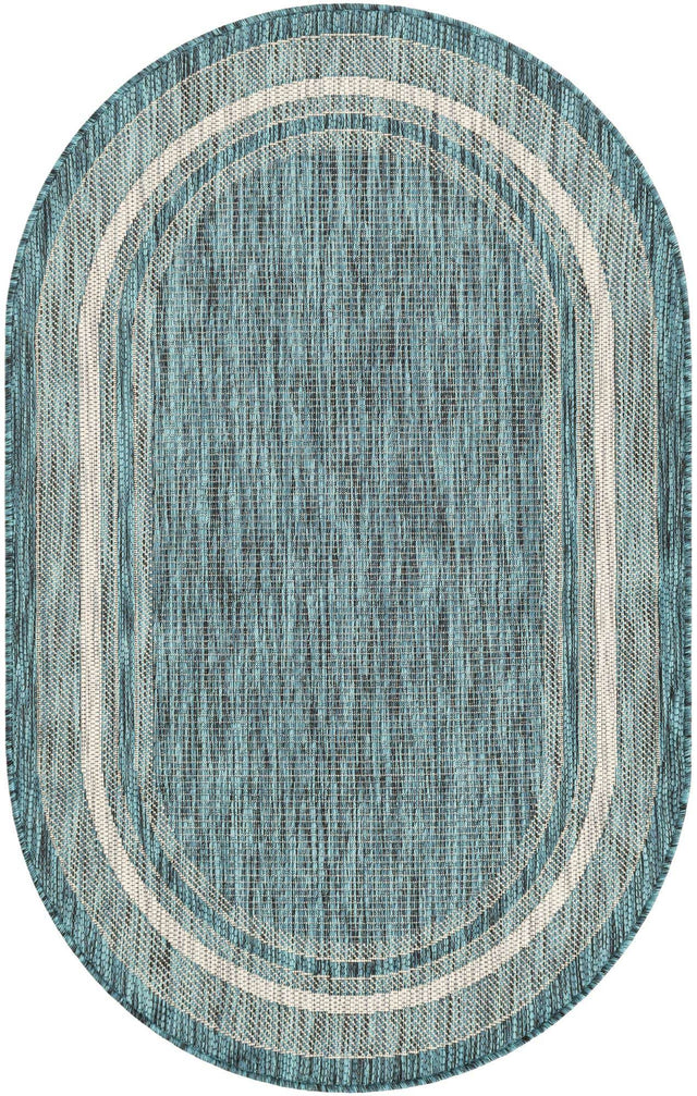 Teal 3' 1 x 5' 3 Outdoor Border Oval Area Rug Weather Resistant for Patio, Deck, Terrace, Balcony, Porch 100% Polypropylene Classic Bordered Carpet for Sale at Rug Engine