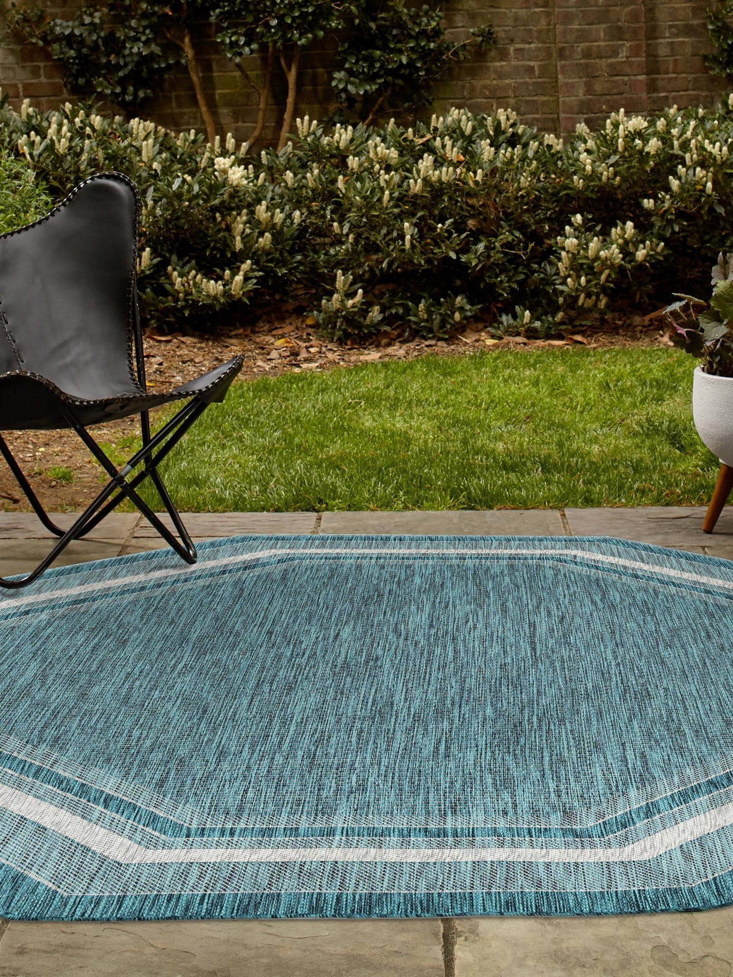 Teal 7' 10 x 7' 10 Outdoor Border Octagon Area Rug Weather Resistant for Patio, Deck, Terrace, Balcony, Porch 100% Polypropylene Classic Bordered Carpet for Sale at Rug Engine