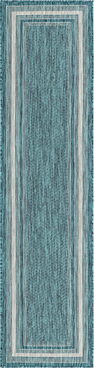 Teal 2' x 8' Outdoor Border Runner Area Rug Weather Resistant for Patio, Deck, Terrace, Balcony, Porch 100% Polypropylene Classic Bordered Carpet for Sale at Rug Engine