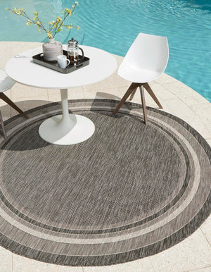 Black 3' 1 x 3' 1 Outdoor Border Round Area Rug Weather Resistant for Patio, Deck, Terrace, Balcony, Porch 100% Polypropylene Classic Bordered Carpet for Sale at Rug Engine