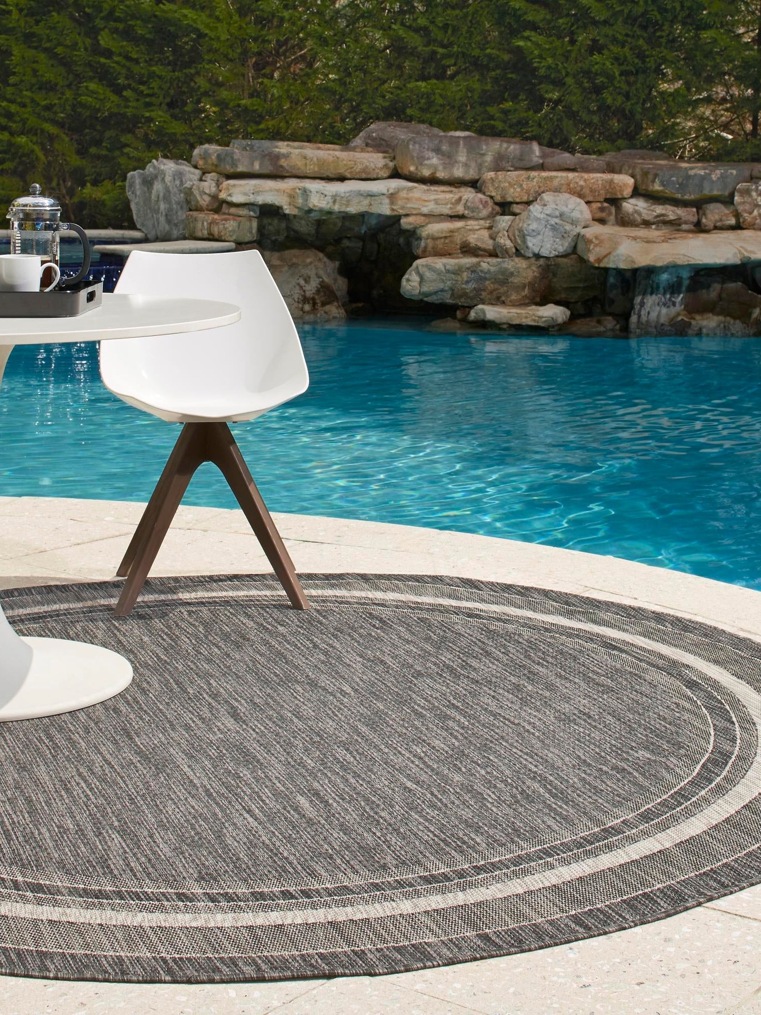 Black 10' x 10' Outdoor Border Round Area Rug Weather Resistant for Patio, Deck, Terrace, Balcony, Porch 100% Polypropylene Classic Bordered Carpet for Sale at Rug Engine