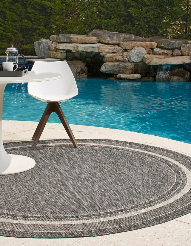 Black 3' 1 x 3' 1 Outdoor Border Round Area Rug Weather Resistant for Patio, Deck, Terrace, Balcony, Porch 100% Polypropylene Classic Bordered Carpet for Sale at Rug Engine