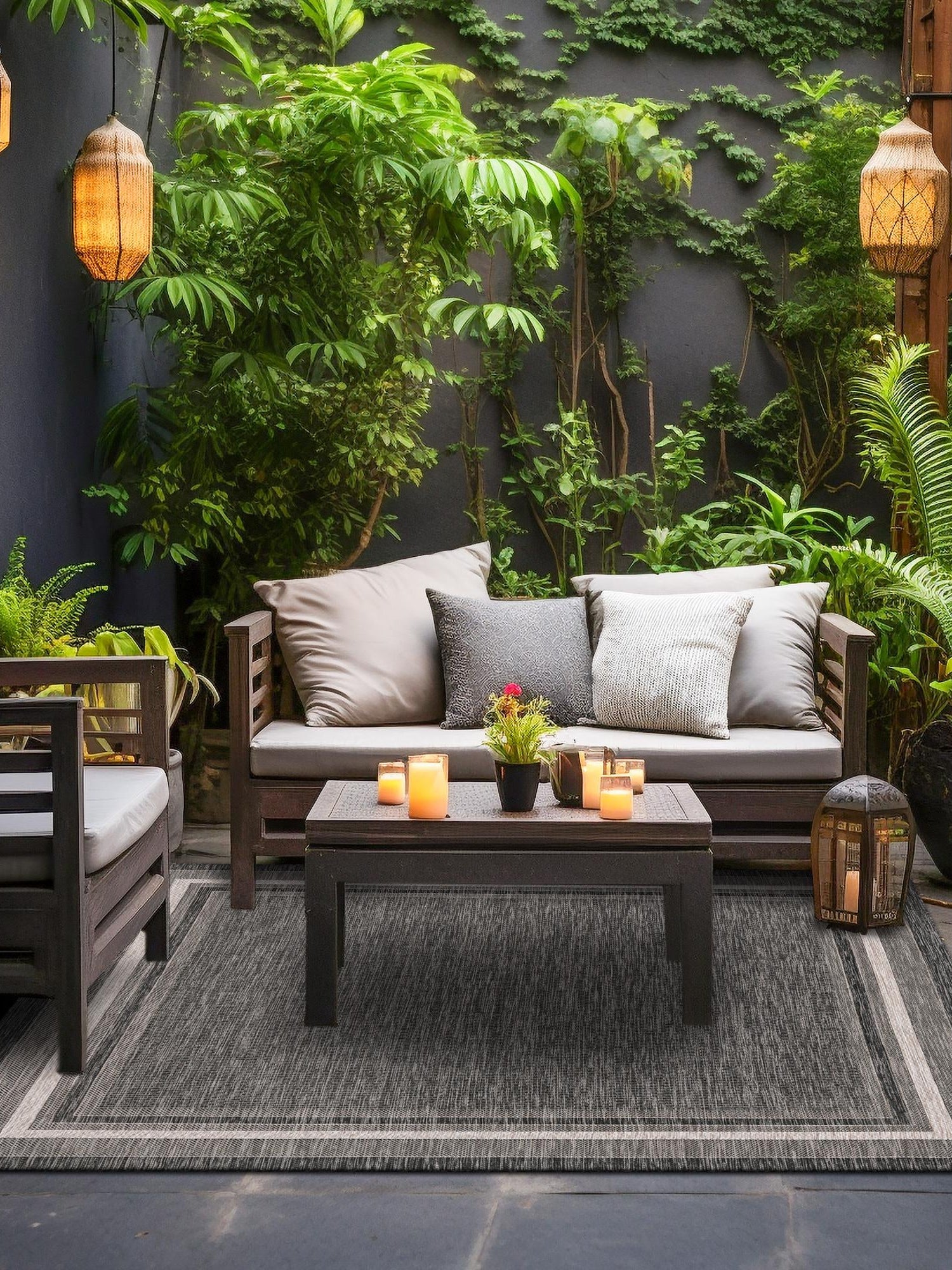 Black 10' x 10' Outdoor Border Square Area Rug Weather Resistant for Patio, Deck, Terrace, Balcony, Porch 100% Polypropylene Classic Bordered Carpet for Sale at Rug Engine