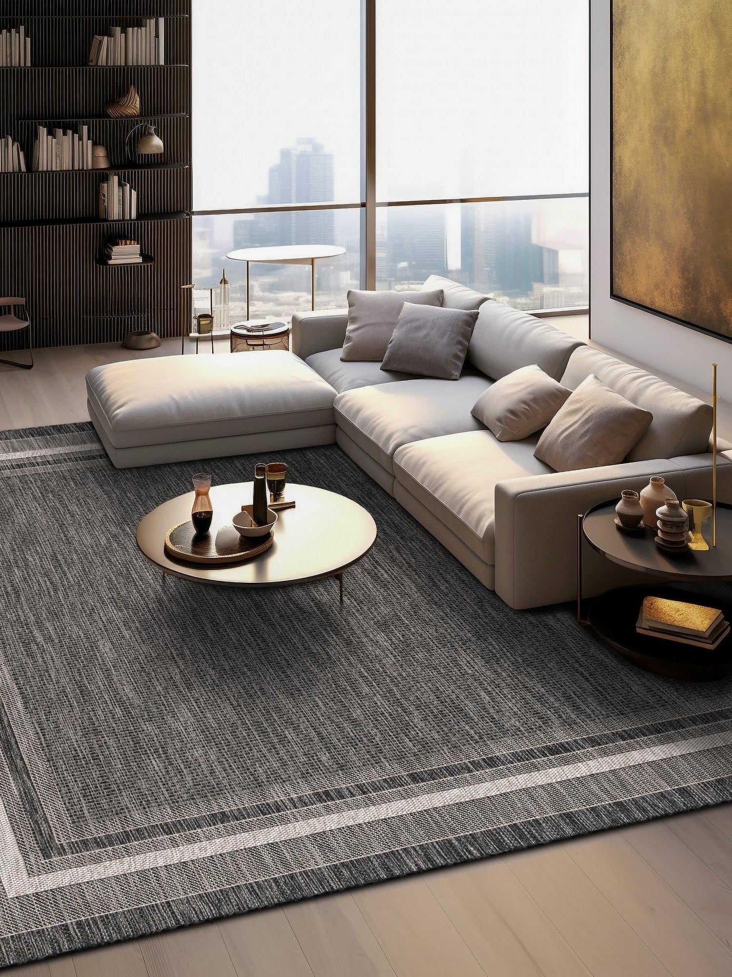 Black 7' 10 x 7' 10 Outdoor Border Square Area Rug Weather Resistant for Patio, Deck, Terrace, Balcony, Porch 100% Polypropylene Classic Bordered Carpet for Sale at Rug Engine