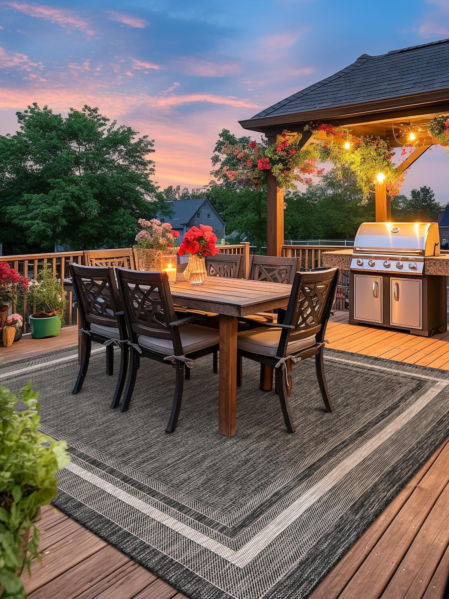 Black 10' x 10' Outdoor Border Square Area Rug Weather Resistant for Patio, Deck, Terrace, Balcony, Porch 100% Polypropylene Classic Bordered Carpet for Sale at Rug Engine