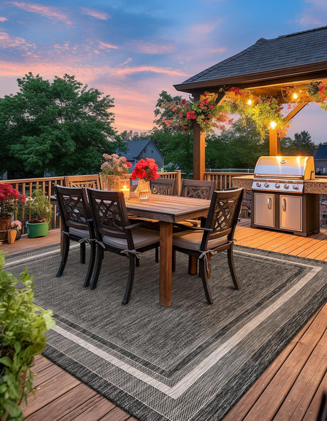 Black 10' x 10' Outdoor Border Square Area Rug Weather Resistant for Patio, Deck, Terrace, Balcony, Porch 100% Polypropylene Classic Bordered Carpet for Sale at Rug Engine
