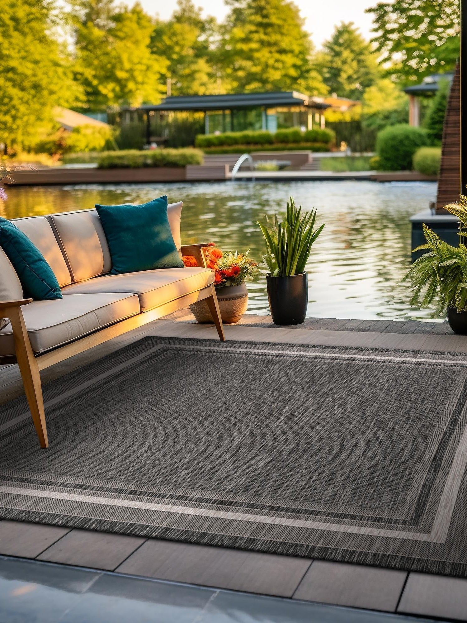 Black 10' x 10' Outdoor Border Square Area Rug Weather Resistant for Patio, Deck, Terrace, Balcony, Porch 100% Polypropylene Classic Bordered Carpet for Sale at Rug Engine