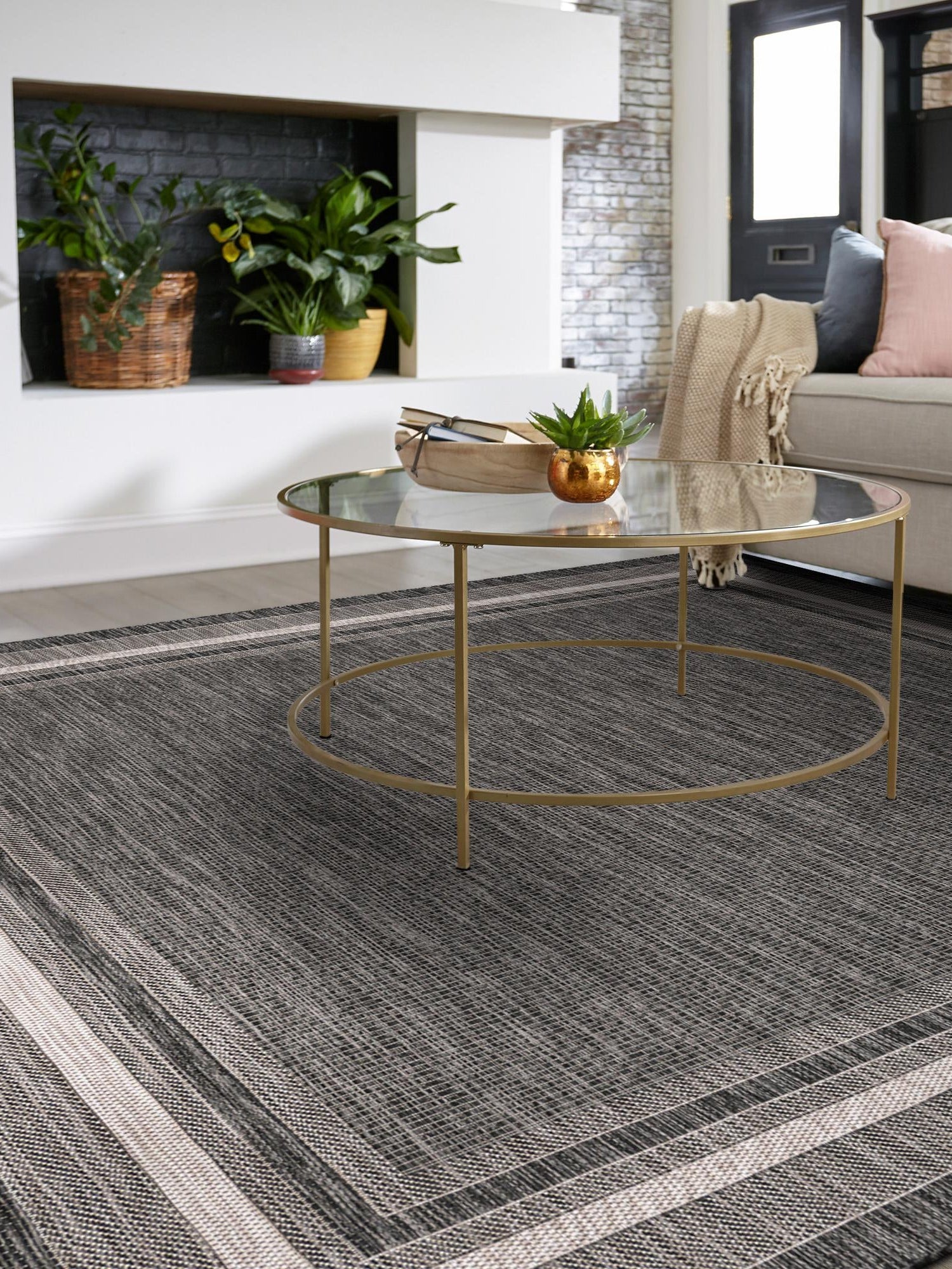Black 6' 1 x 6' 1 Outdoor Border Square Area Rug Weather Resistant for Patio, Deck, Terrace, Balcony, Porch 100% Polypropylene Classic Bordered Carpet for Sale at Rug Engine