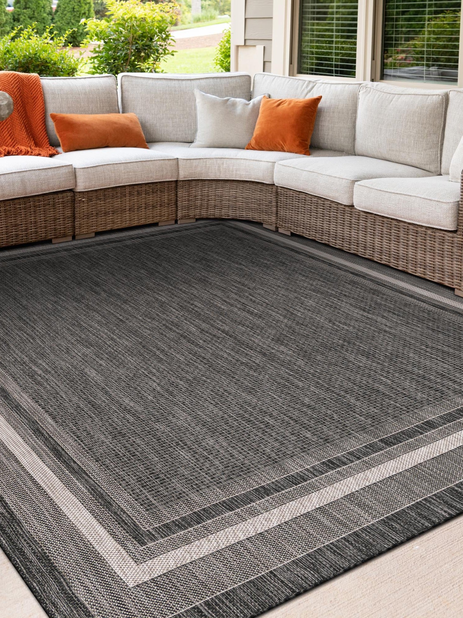 Black 6' 1 x 6' 1 Outdoor Border Square Area Rug Weather Resistant for Patio, Deck, Terrace, Balcony, Porch 100% Polypropylene Classic Bordered Carpet for Sale at Rug Engine