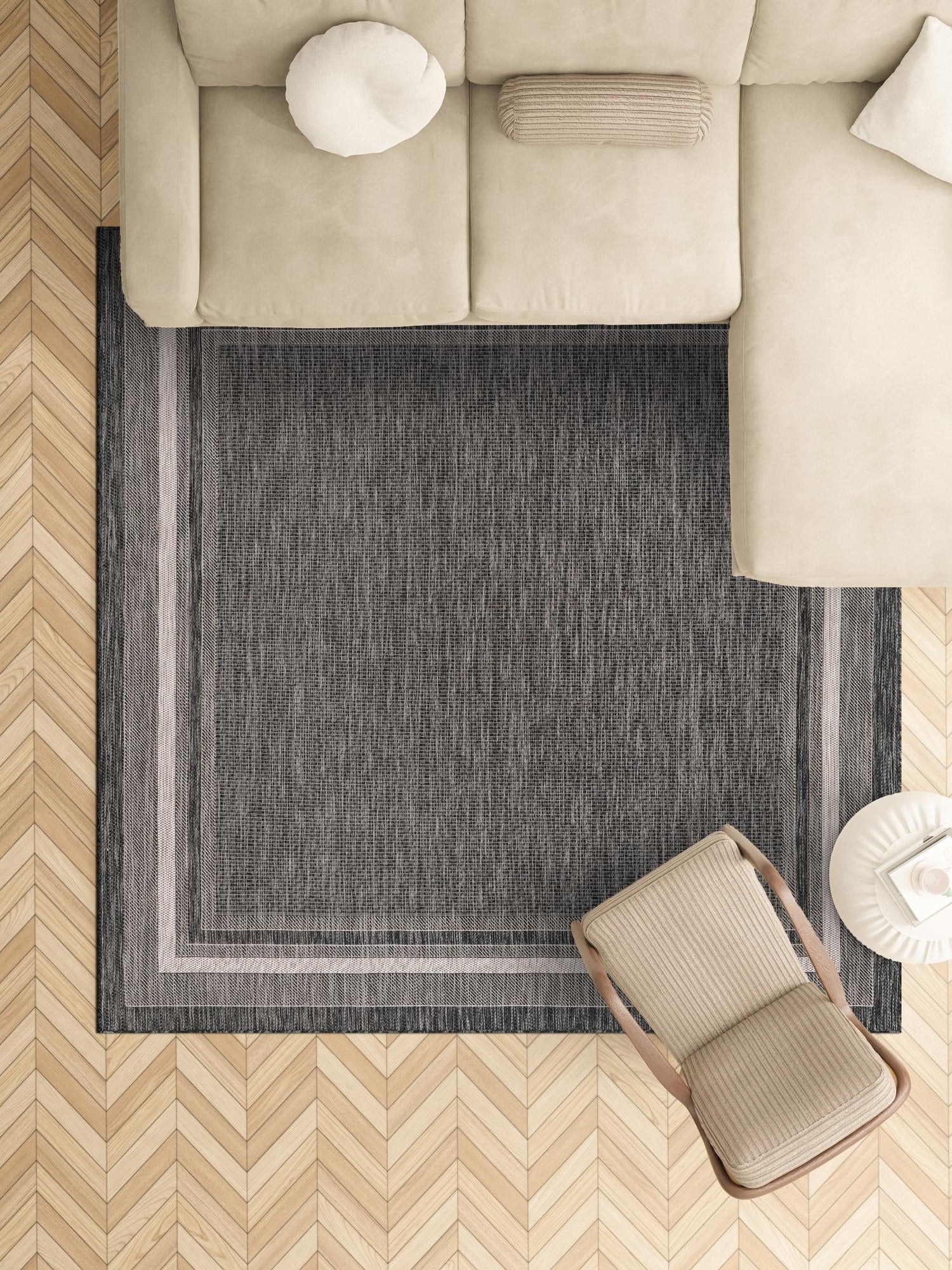Black 6' 1 x 6' 1 Outdoor Border Square Area Rug Weather Resistant for Patio, Deck, Terrace, Balcony, Porch 100% Polypropylene Classic Bordered Carpet for Sale at Rug Engine