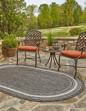 Black 3' 1 x 5' 3 Outdoor Border Oval Area Rug Weather Resistant for Patio, Deck, Terrace, Balcony, Porch 100% Polypropylene Classic Bordered Carpet for Sale at Rug Engine
