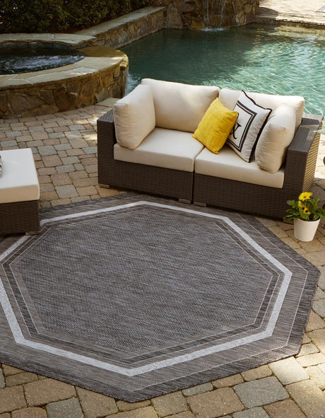 Black 7' 10 x 7' 10 Outdoor Border Octagon Area Rug Weather Resistant for Patio, Deck, Terrace, Balcony, Porch 100% Polypropylene Classic Bordered Carpet for Sale at Rug Engine