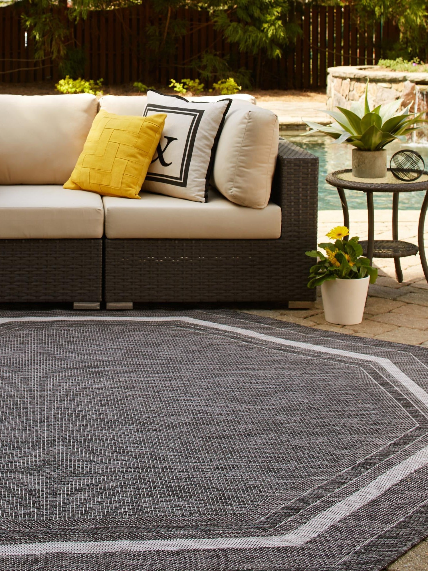 Black 7' 10 x 7' 10 Outdoor Border Octagon Area Rug Weather Resistant for Patio, Deck, Terrace, Balcony, Porch 100% Polypropylene Classic Bordered Carpet for Sale at Rug Engine