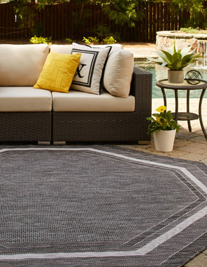 Black 7' 10 x 7' 10 Outdoor Border Octagon Area Rug Weather Resistant for Patio, Deck, Terrace, Balcony, Porch 100% Polypropylene Classic Bordered Carpet for Sale at Rug Engine