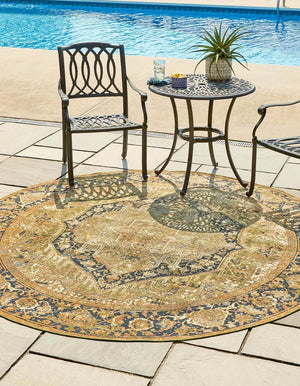 Green 7' 10 x 7' 10 Outdoor Traditional Round Area Rug Weather Resistant for Patio, Deck, Terrace, Balcony, Porch Classical Design Outside Carpet for Sale at Rug Engine