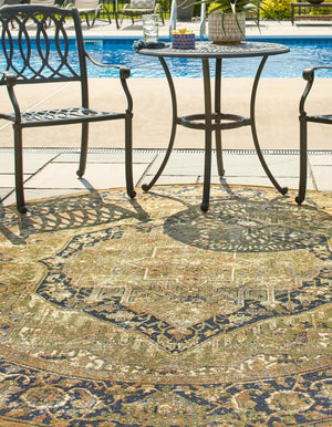 Green 7' 10 x 7' 10 Outdoor Traditional Round Area Rug Weather Resistant for Patio, Deck, Terrace, Balcony, Porch Classical Design Outside Carpet for Sale at Rug Engine