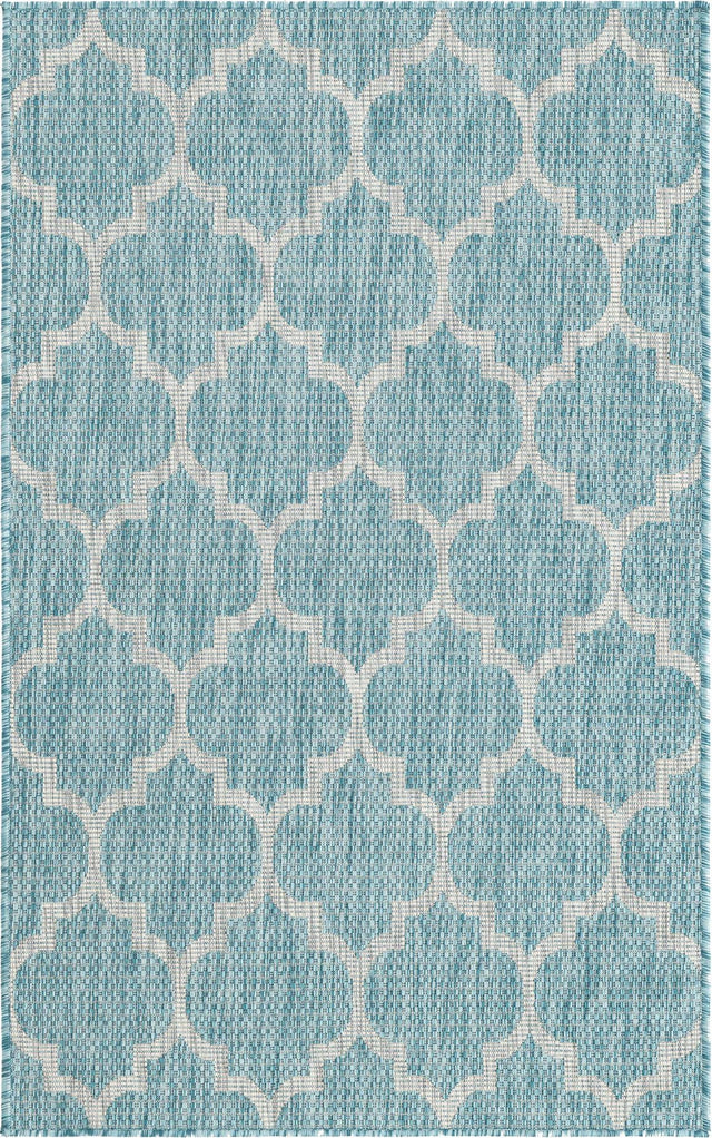 Aquamarine 3' 1 x 5' 3 Outdoor Trellis Rectangle Area Rug Weather Resistant for Patio, Deck, Terrace, Balcony, Porch Geometric Design Water Safe Outside Carpet for Sale at Rug Engine