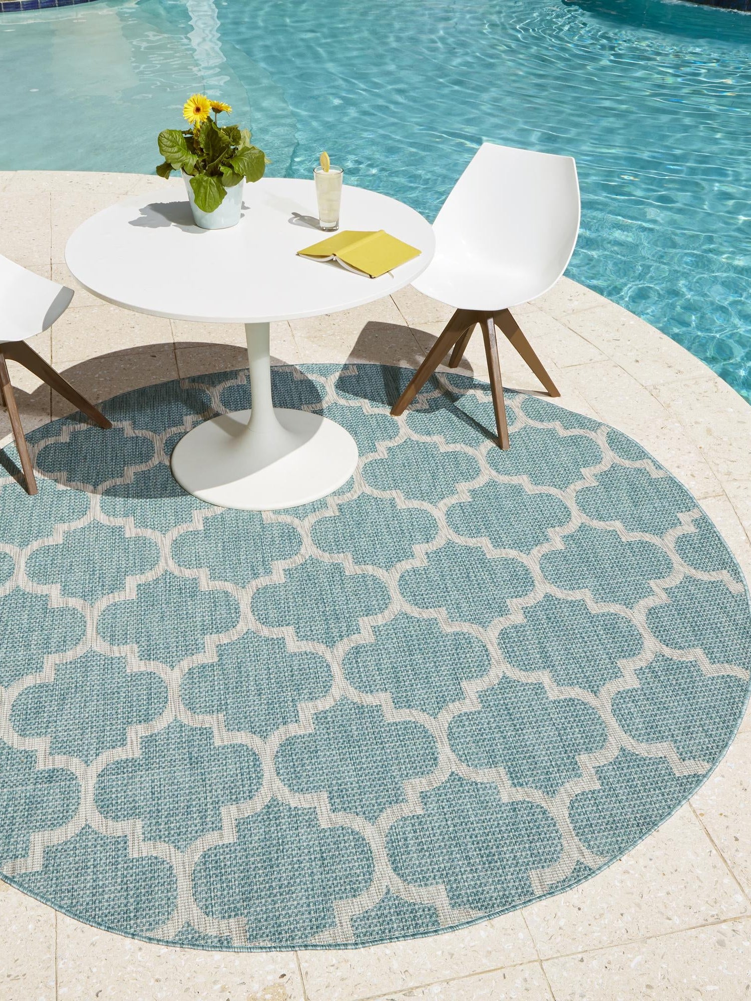Aquamarine 13' 1 x 13' 1 Outdoor Trellis Round Area Rug Weather Resistant for Patio, Deck, Terrace, Balcony, Porch Geometric Design Water Safe Outside Carpet for Sale at Rug Engine