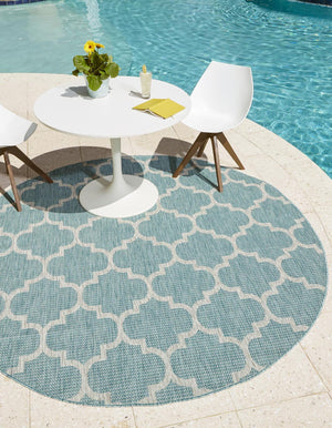 Aquamarine 4' 1 x 4' 1 Outdoor Trellis Round Area Rug Weather Resistant for Patio, Deck, Terrace, Balcony, Porch Geometric Design Water Safe Outside Carpet for Sale at Rug Engine