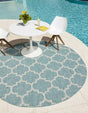 Aquamarine 4' 1 x 4' 1 Outdoor Trellis Round Area Rug Weather Resistant for Patio, Deck, Terrace, Balcony, Porch Geometric Design Water Safe Outside Carpet for Sale at Rug Engine