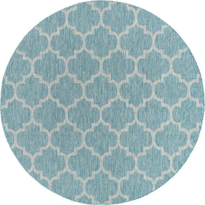 Aquamarine 7' 10 x 7' 10 Outdoor Trellis Round Area Rug Weather Resistant for Patio, Deck, Terrace, Balcony, Porch Geometric Design Water Safe Outside Carpet for Sale at Rug Engine