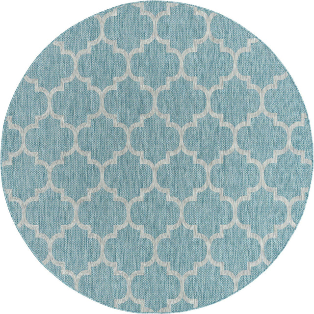 Aquamarine 7' 10 x 7' 10 Outdoor Trellis Round Area Rug Weather Resistant for Patio, Deck, Terrace, Balcony, Porch Geometric Design Water Safe Outside Carpet for Sale at Rug Engine