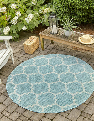 Aquamarine 4' 1 x 4' 1 Outdoor Trellis Round Area Rug Weather Resistant for Patio, Deck, Terrace, Balcony, Porch Geometric Design Water Safe Outside Carpet for Sale at Rug Engine