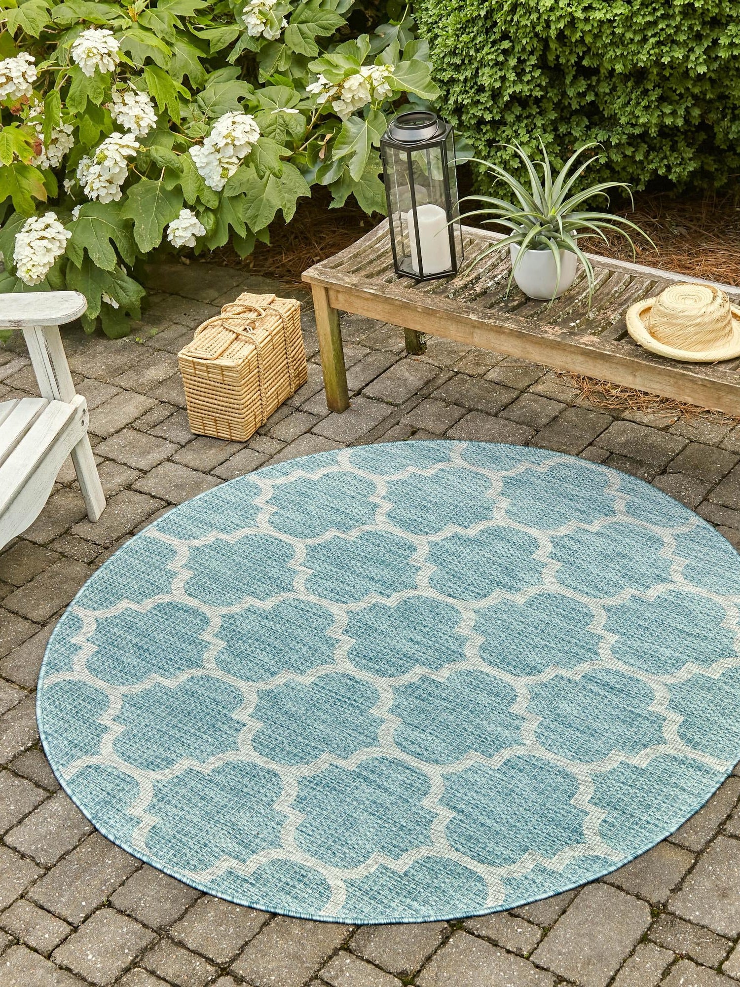 Aquamarine 3' 1 x 3' 1 Outdoor Trellis Round Area Rug Weather Resistant for Patio, Deck, Terrace, Balcony, Porch Geometric Design Water Safe Outside Carpet for Sale at Rug Engine
