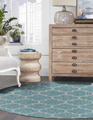 Aquamarine 4' 1 x 4' 1 Outdoor Trellis Round Area Rug Weather Resistant for Patio, Deck, Terrace, Balcony, Porch Geometric Design Water Safe Outside Carpet for Sale at Rug Engine