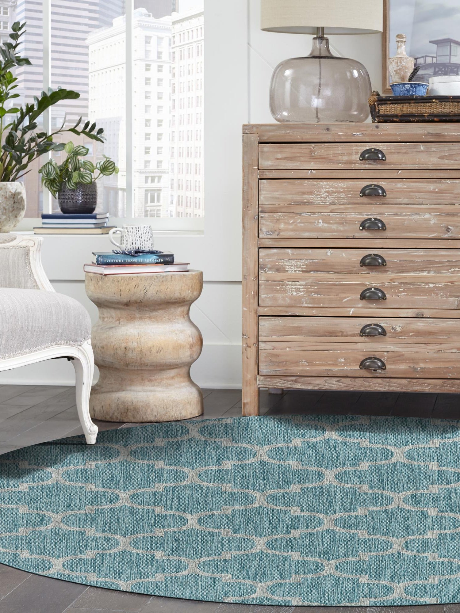 Aquamarine 13' 1 x 13' 1 Outdoor Trellis Round Area Rug Weather Resistant for Patio, Deck, Terrace, Balcony, Porch Geometric Design Water Safe Outside Carpet for Sale at Rug Engine