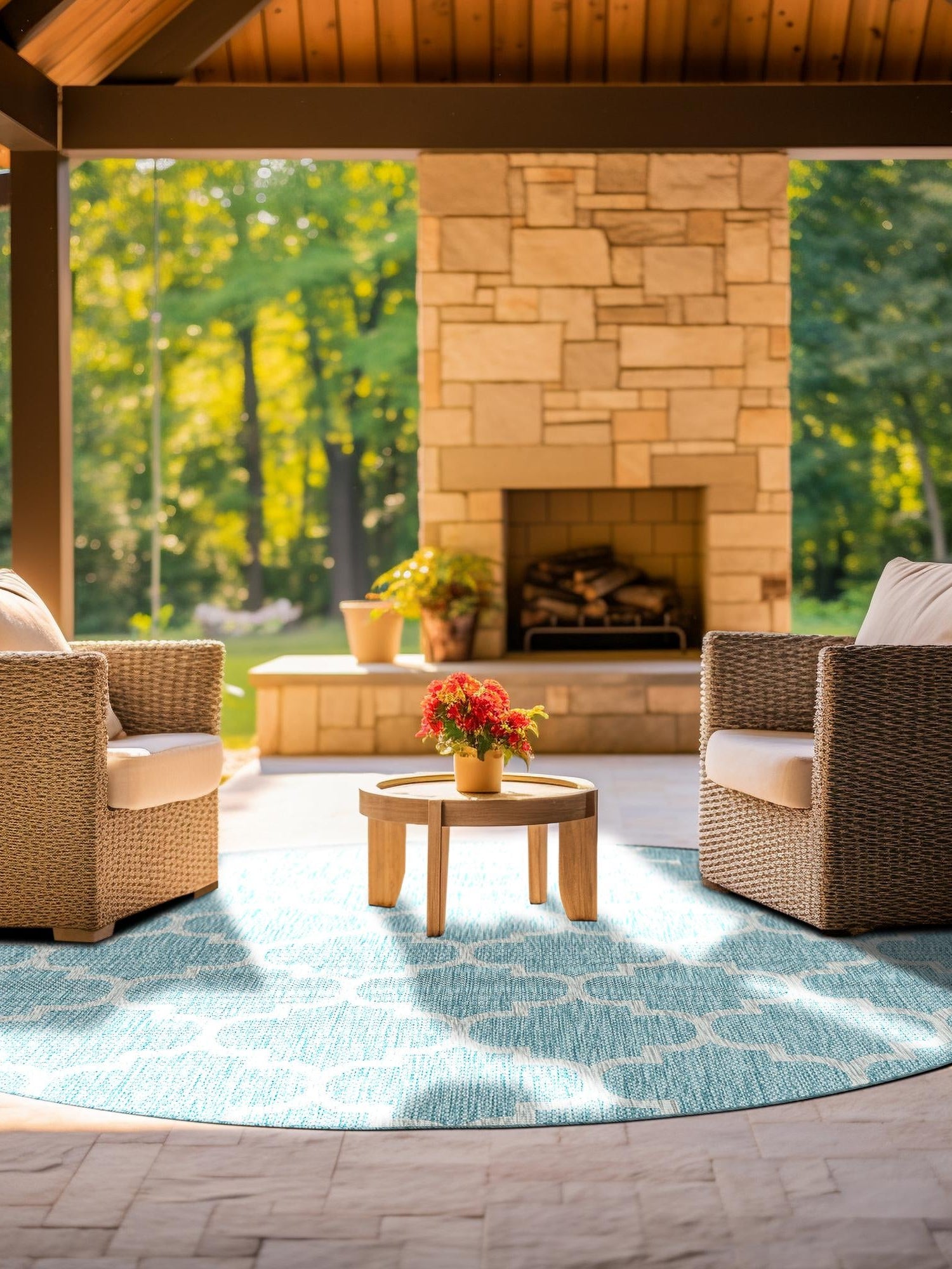 Aquamarine 7' 10 x 7' 10 Outdoor Trellis Round Area Rug Weather Resistant for Patio, Deck, Terrace, Balcony, Porch Geometric Design Water Safe Outside Carpet for Sale at Rug Engine