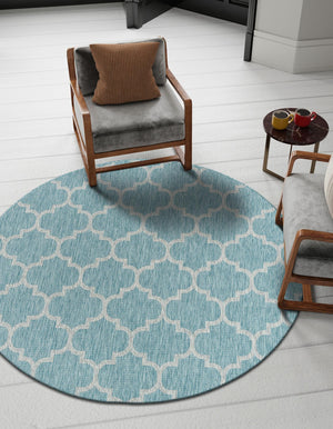Aquamarine 4' 1 x 4' 1 Outdoor Trellis Round Area Rug Weather Resistant for Patio, Deck, Terrace, Balcony, Porch Geometric Design Water Safe Outside Carpet for Sale at Rug Engine
