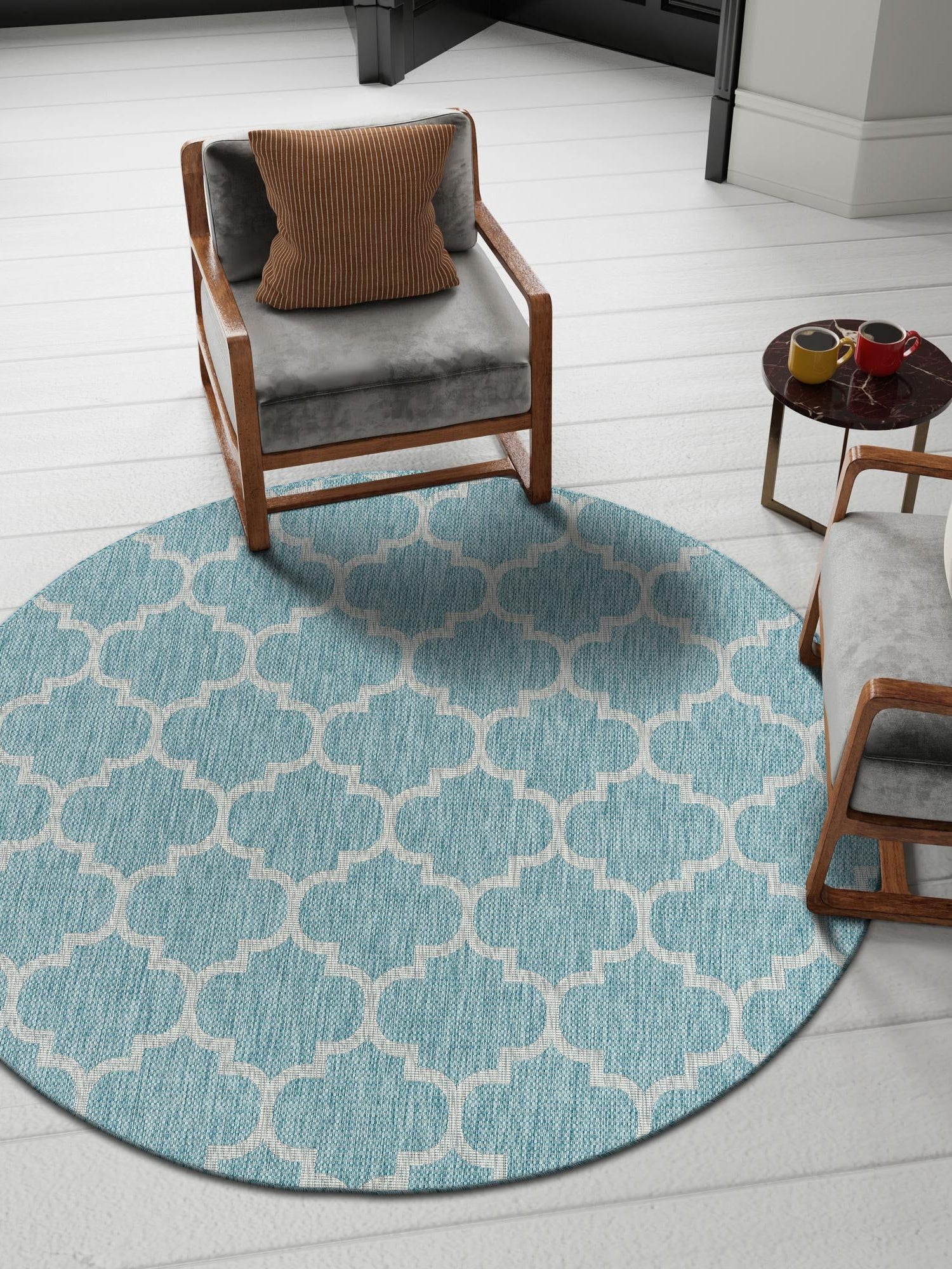 Aquamarine 13' 1 x 13' 1 Outdoor Trellis Round Area Rug Weather Resistant for Patio, Deck, Terrace, Balcony, Porch Geometric Design Water Safe Outside Carpet for Sale at Rug Engine