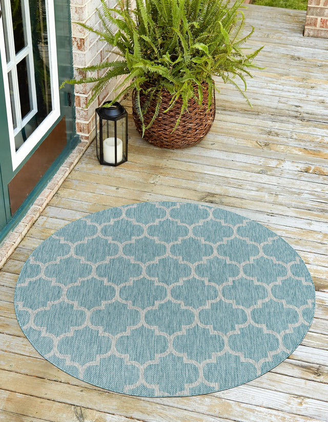 Aquamarine 4' 1 x 4' 1 Outdoor Trellis Round Area Rug Weather Resistant for Patio, Deck, Terrace, Balcony, Porch Geometric Design Water Safe Outside Carpet for Sale at Rug Engine