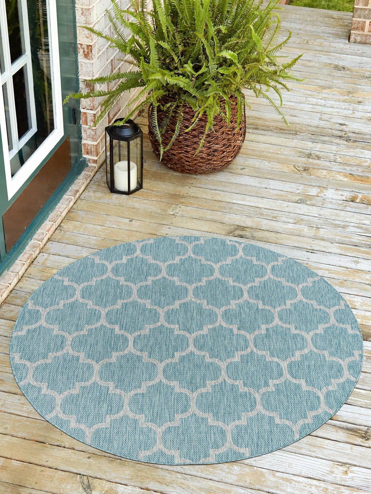 Aquamarine 3' 1 x 3' 1 Outdoor Trellis Round Area Rug Weather Resistant for Patio, Deck, Terrace, Balcony, Porch Geometric Design Water Safe Outside Carpet for Sale at Rug Engine