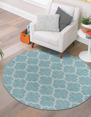 Aquamarine 13' 1 x 13' 1 Outdoor Trellis Round Area Rug Weather Resistant for Patio, Deck, Terrace, Balcony, Porch Geometric Design Water Safe Outside Carpet for Sale at Rug Engine