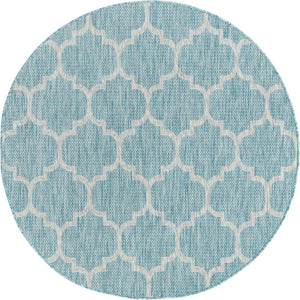 Aquamarine 5' 3 x 5' 3 Outdoor Trellis Round Area Rug Weather Resistant for Patio, Deck, Terrace, Balcony, Porch Geometric Design Water Safe Outside Carpet for Sale at Rug Engine