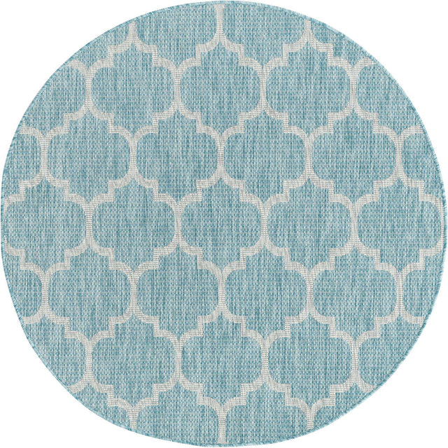 Aquamarine 5' 3 x 5' 3 Outdoor Trellis Round Area Rug Weather Resistant for Patio, Deck, Terrace, Balcony, Porch Geometric Design Water Safe Outside Carpet for Sale at Rug Engine