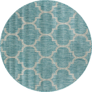 Aquamarine 4' 1 x 4' 1 Outdoor Trellis Round Area Rug Weather Resistant for Patio, Deck, Terrace, Balcony, Porch Geometric Design Water Safe Outside Carpet for Sale at Rug Engine