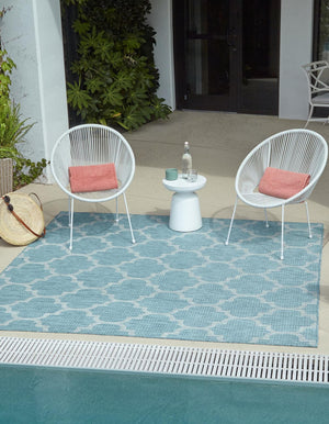 Aquamarine 5' 3 x 5' 3 Outdoor Trellis Square Area Rug Weather Resistant for Patio, Deck, Terrace, Balcony, Porch Geometric Design Water Safe Outside Carpet for Sale at Rug Engine